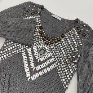 Vertigo Vintage Womens Gray Sequin Gem V Neck Knit Sweater, Vertigo Gemstone 374